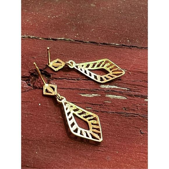 14k Yellow Gold Filigree Retro Dangle Geometric Pop Art  1.3g Drop Dangle Earrin - Picture 3 of 16